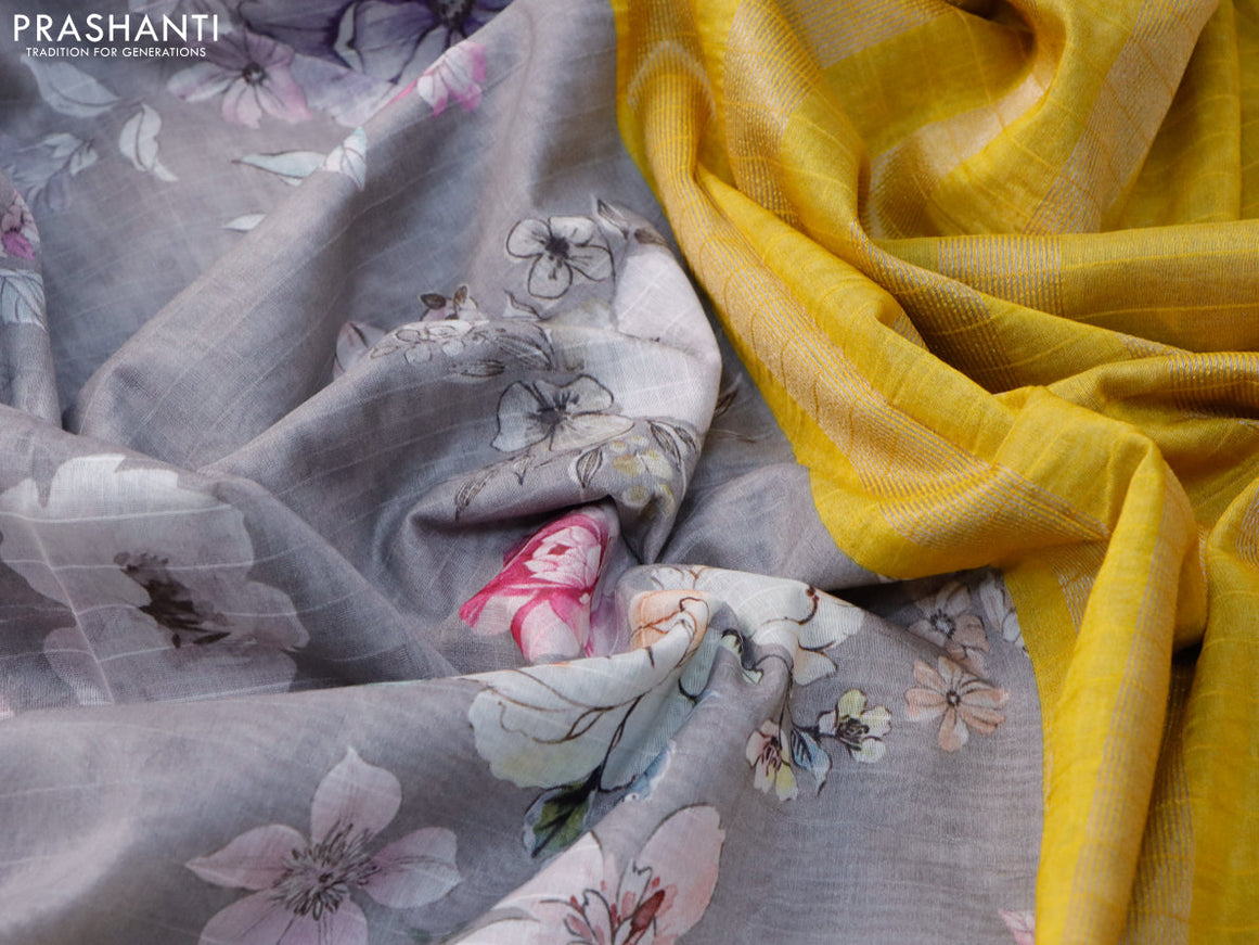 Maheshwari silk cotton saree grey and yellow with allover floral prints and thread & zari woven border