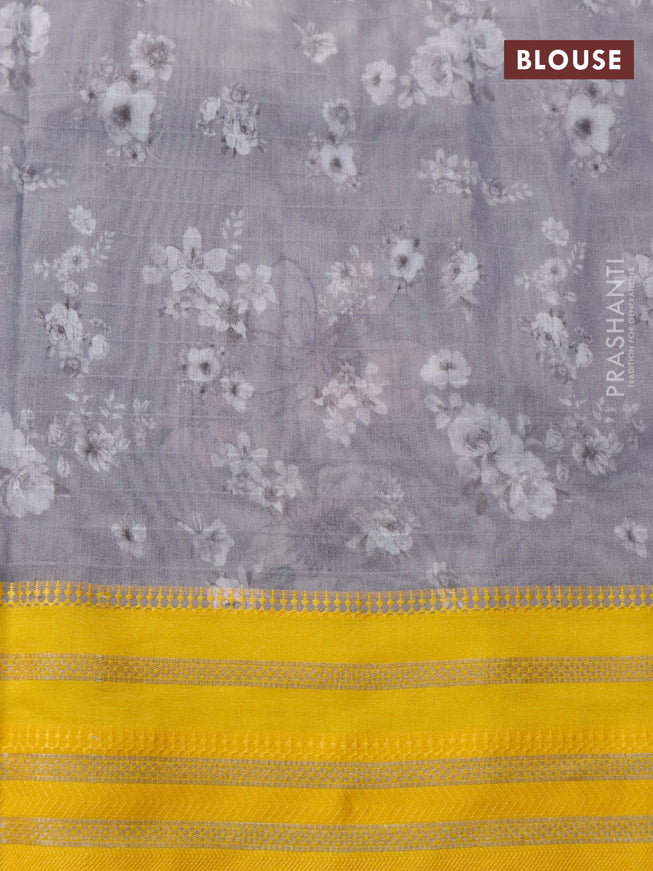 Maheshwari silk cotton saree grey and yellow with allover floral prints and thread & zari woven border