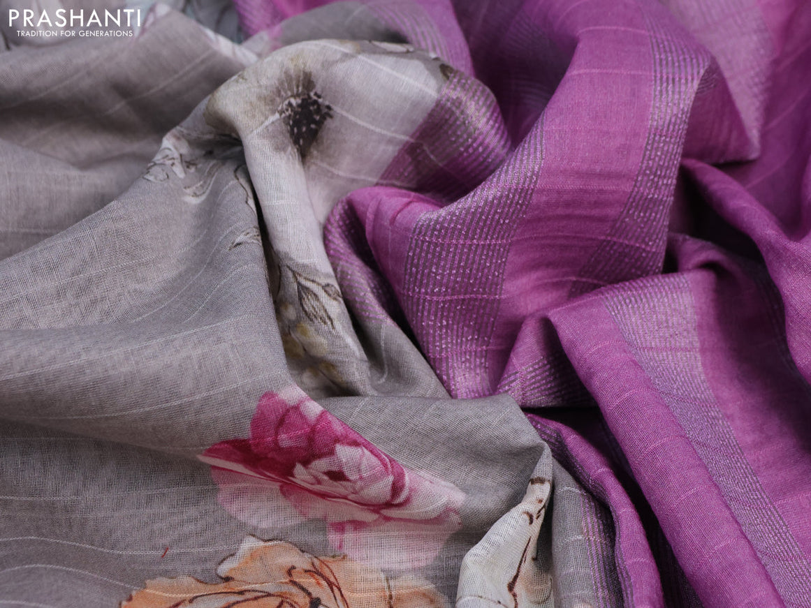 Maheshwari silk cotton saree grey and pink shade with allover floral prints and thread & zari woven border