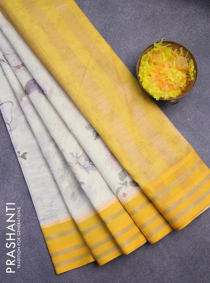 Maheshwari silk cotton saree off white and yellow with allover floral prints and thread & zari woven border