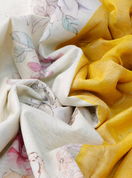 Maheshwari silk cotton saree off white and yellow with allover floral prints and thread & zari woven border