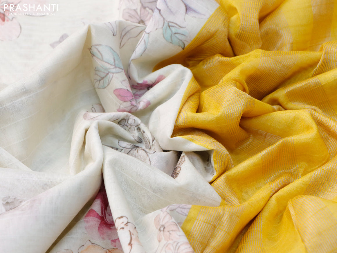 Maheshwari silk cotton saree off white and yellow with allover floral prints and thread & zari woven border