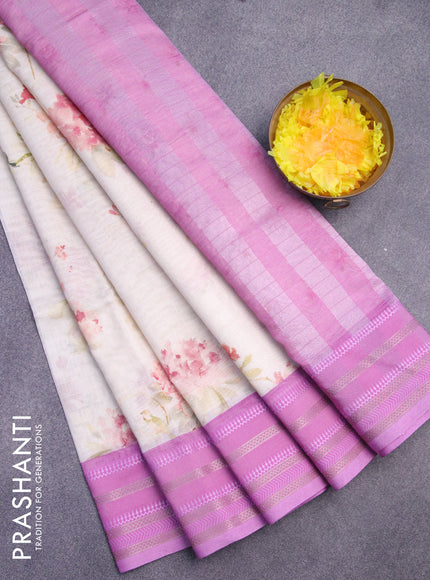 Maheshwari silk cotton saree cream and magenta pink with allover floral prints and thread & zari woven border