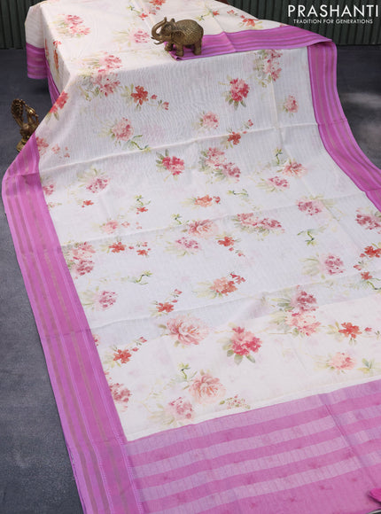 Maheshwari silk cotton saree cream and magenta pink with allover floral prints and thread & zari woven border