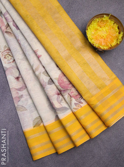 Maheshwari silk cotton saree cream and yellow with allover floral prints and thread & zari woven border