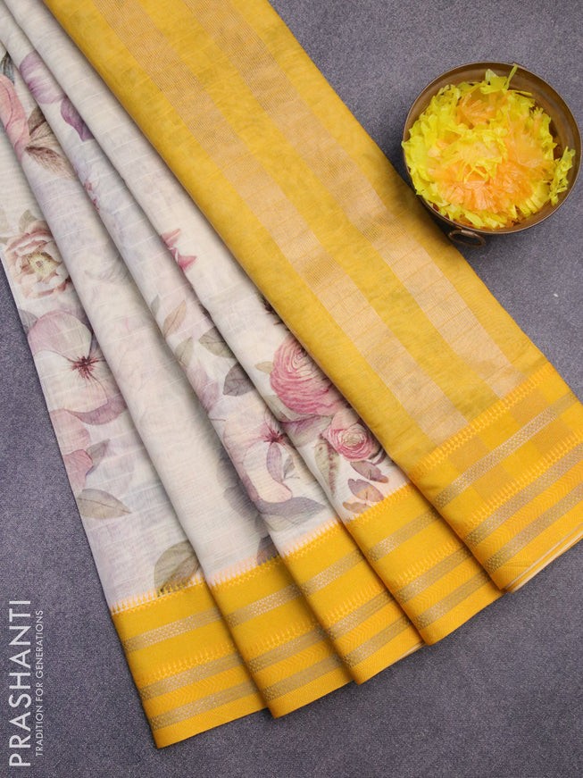 Maheshwari silk cotton saree cream and yellow with allover floral prints and thread & zari woven border