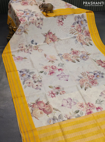 Maheshwari silk cotton saree cream and yellow with allover floral prints and thread & zari woven border