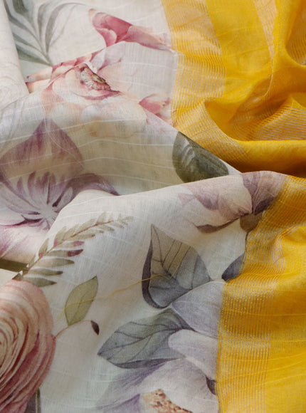 Maheshwari silk cotton saree cream and yellow with allover floral prints and thread & zari woven border