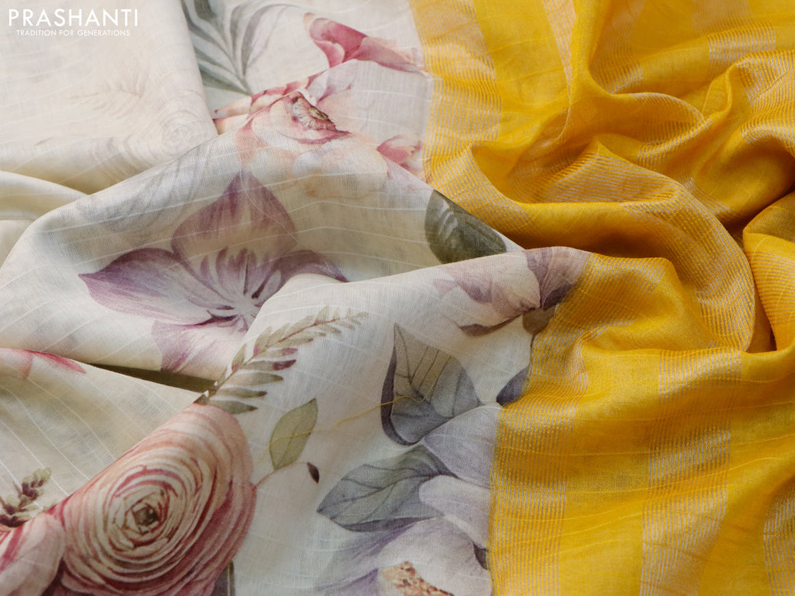 Maheshwari silk cotton saree cream and yellow with allover floral prints and thread & zari woven border