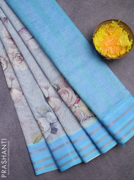 Maheshwari silk cotton saree grey shade and light blue with allover floral prints and thread & zari woven border