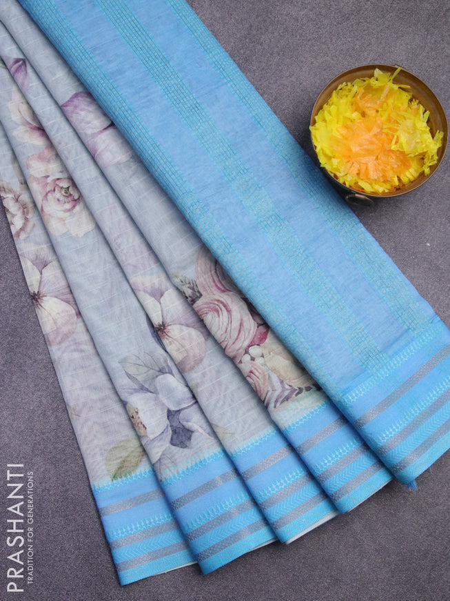 Maheshwari silk cotton saree grey shade and light blue with allover floral prints and thread & zari woven border