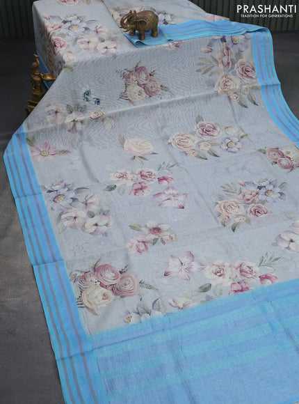 Maheshwari silk cotton saree grey shade and light blue with allover floral prints and thread & zari woven border