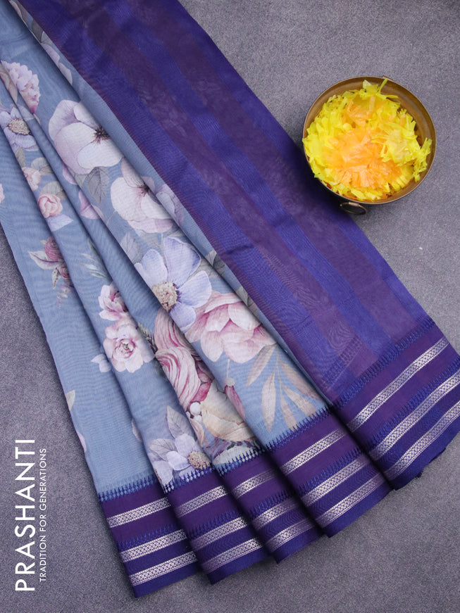 Maheshwari silk cotton saree grey shade and dark blue with allover floral prints and thread & zari woven border