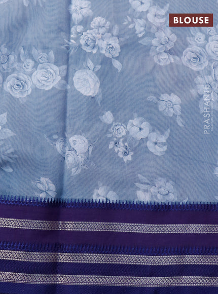 Maheshwari silk cotton saree grey shade and dark blue with allover floral prints and thread & zari woven border