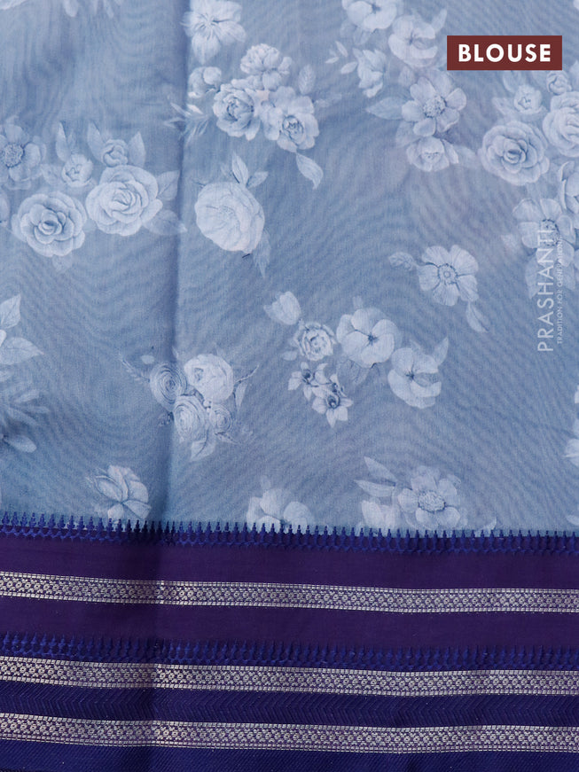 Maheshwari silk cotton saree grey shade and dark blue with allover floral prints and thread & zari woven border