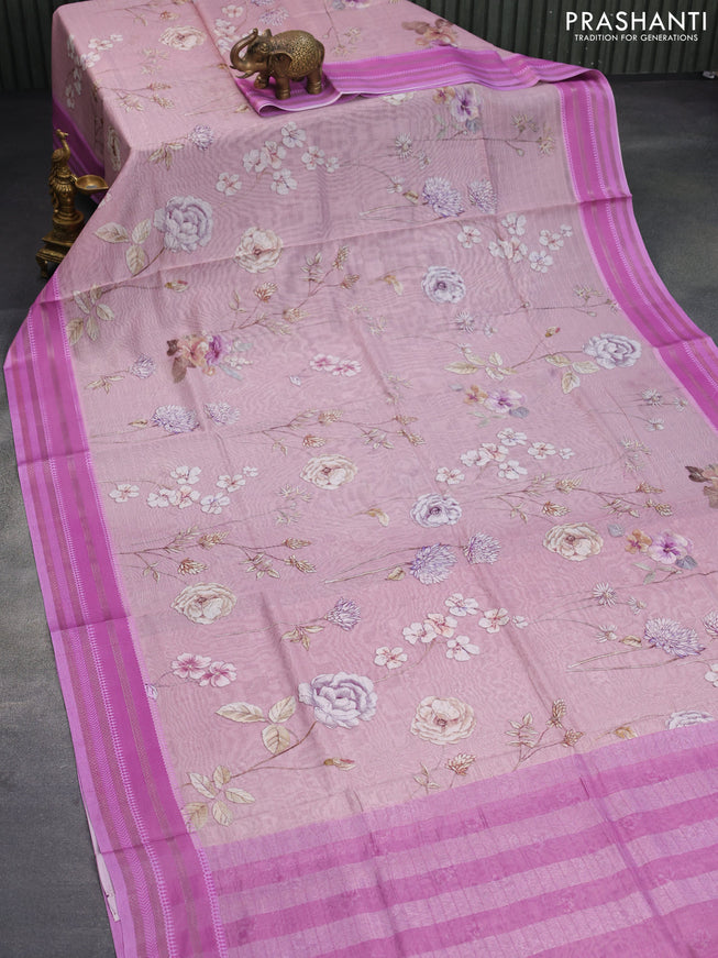 Maheshwari silk cotton saree pastel pink and pink with allover floral prints and thread & zari woven border