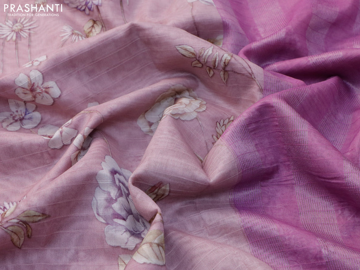 Maheshwari silk cotton saree pastel pink and pink with allover floral prints and thread & zari woven border