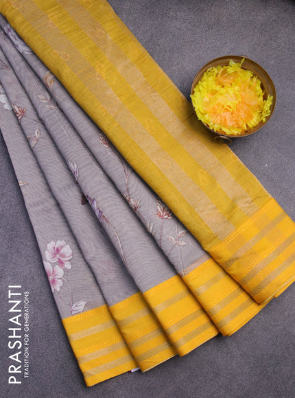 Maheshwari silk cotton saree grey and mango yellow with allover floral prints and thread & zari woven border