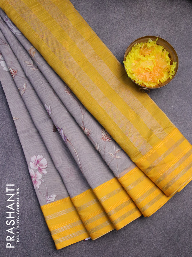 Maheshwari silk cotton saree grey and mango yellow with allover floral prints and thread & zari woven border