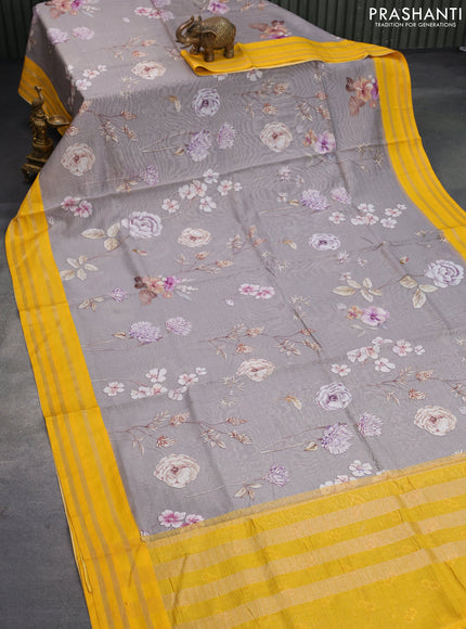 Maheshwari silk cotton saree grey and mango yellow with allover floral prints and thread & zari woven border