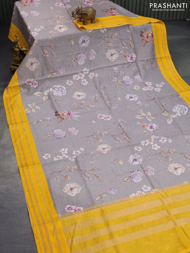 Maheshwari silk cotton saree grey and mango yellow with allover floral prints and thread & zari woven border