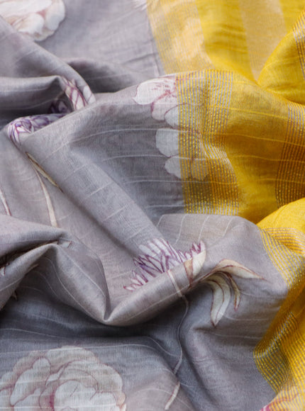 Maheshwari silk cotton saree grey and mango yellow with allover floral prints and thread & zari woven border