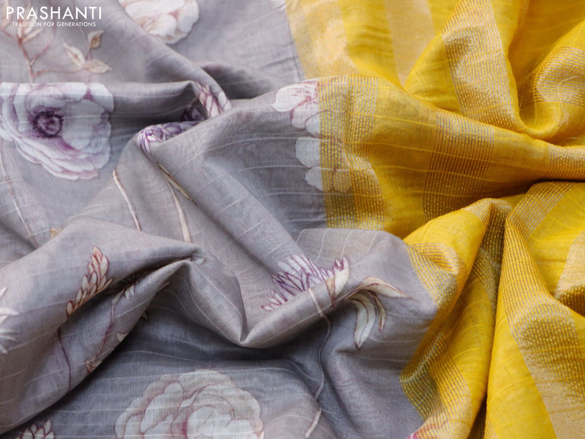 Maheshwari silk cotton saree grey and mango yellow with allover floral prints and thread & zari woven border