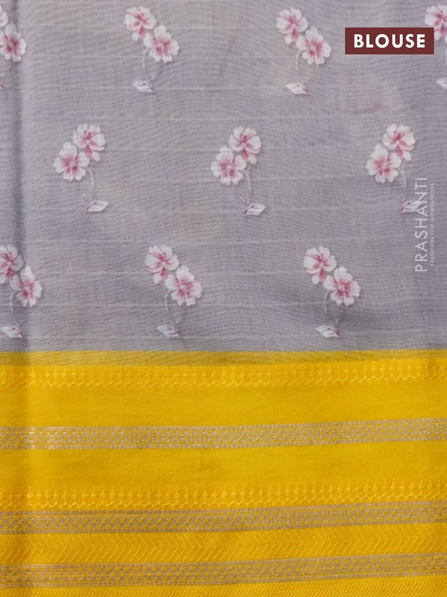 Maheshwari silk cotton saree grey and mango yellow with allover floral prints and thread & zari woven border