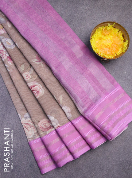 Maheshwari silk cotton saree brown shade and pink with allover floral prints and thread & zari woven border