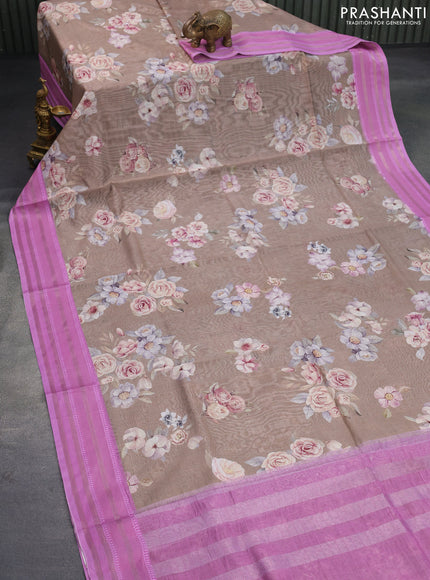 Maheshwari silk cotton saree brown shade and pink with allover floral prints and thread & zari woven border