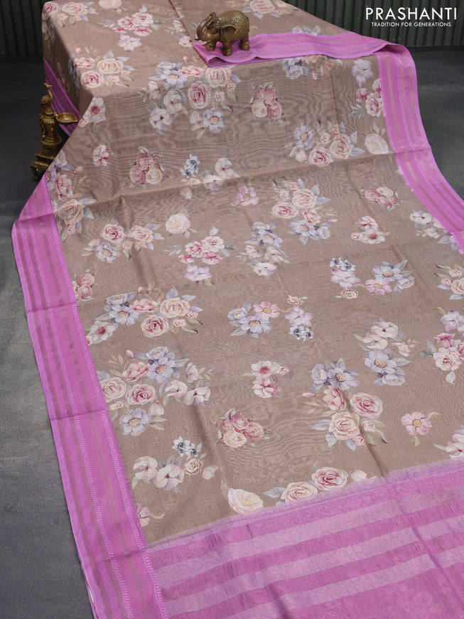 Maheshwari silk cotton saree brown shade and pink with allover floral prints and thread & zari woven border