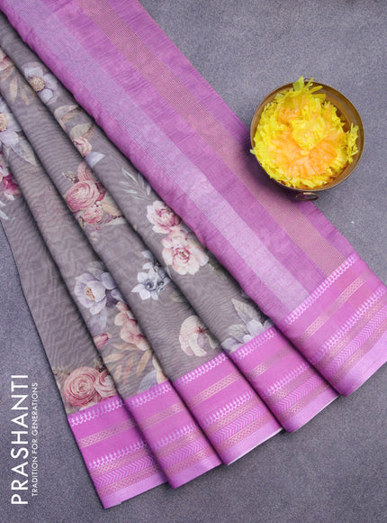 Maheshwari silk cotton saree pastel grey and pink with allover floral prints and thread & zari woven border