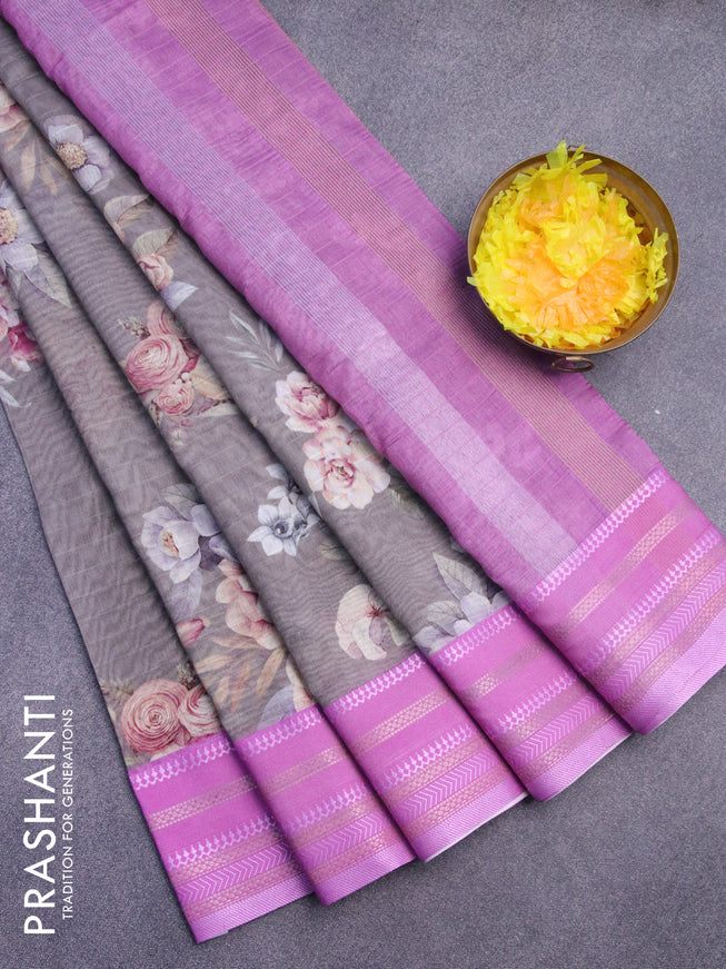 Maheshwari silk cotton saree pastel grey and pink with allover floral prints and thread & zari woven border