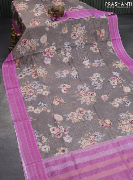 Maheshwari silk cotton saree pastel grey and pink with allover floral prints and thread & zari woven border