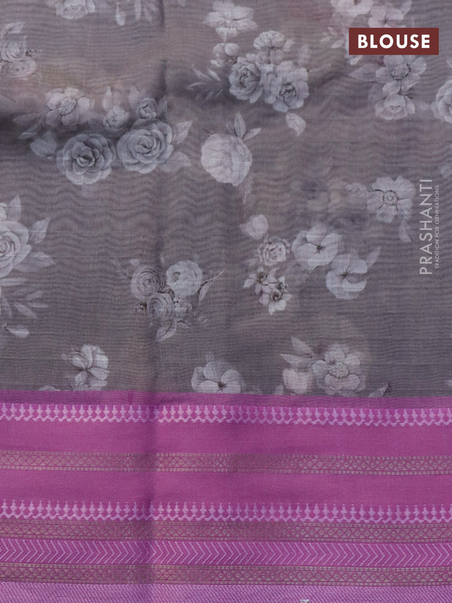 Maheshwari silk cotton saree pastel grey and pink with allover floral prints and thread & zari woven border