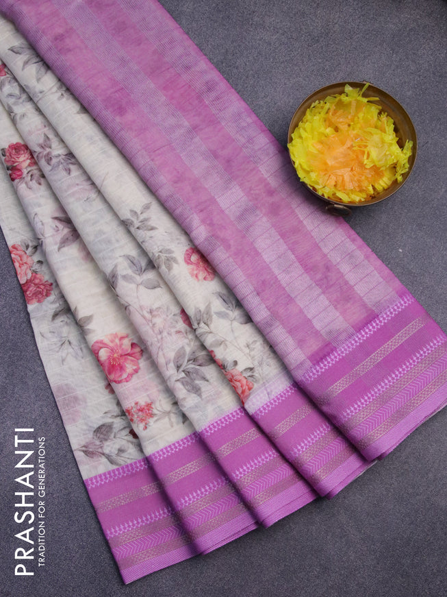 Maheshwari silk cotton saree cream and pink shade with allover floral prints and thread & zari woven border