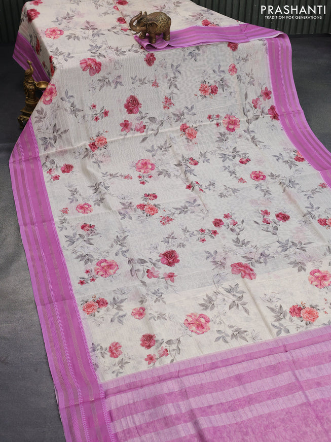 Maheshwari silk cotton saree cream and pink shade with allover floral prints and thread & zari woven border