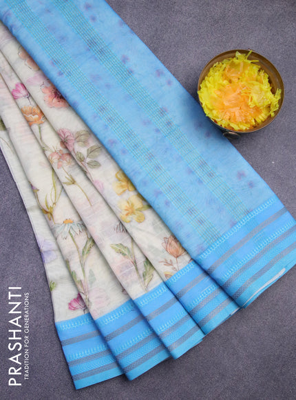 Maheshwari silk cotton saree cream and light blue with allover floral prints and thread & zari woven border