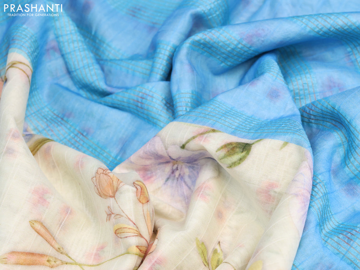 Maheshwari silk cotton saree cream and light blue with allover floral prints and thread & zari woven border