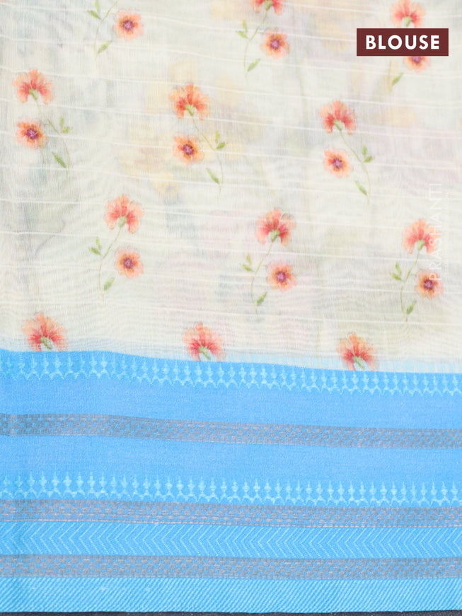 Maheshwari silk cotton saree cream and light blue with allover floral prints and thread & zari woven border