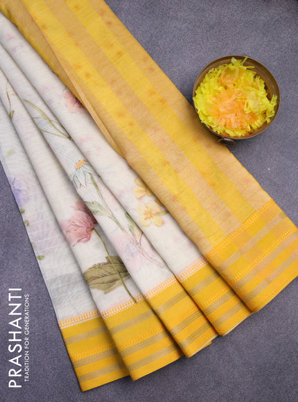 Maheshwari silk cotton saree cream and yellow with allover floral prints and thread & zari woven border