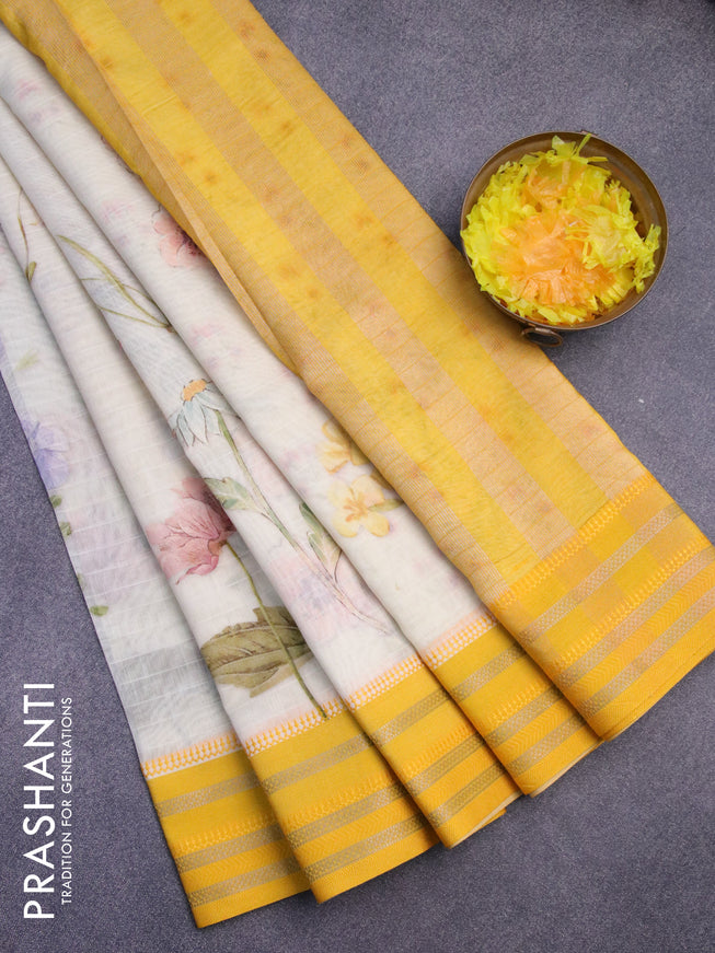 Maheshwari silk cotton saree cream and yellow with allover floral prints and thread & zari woven border