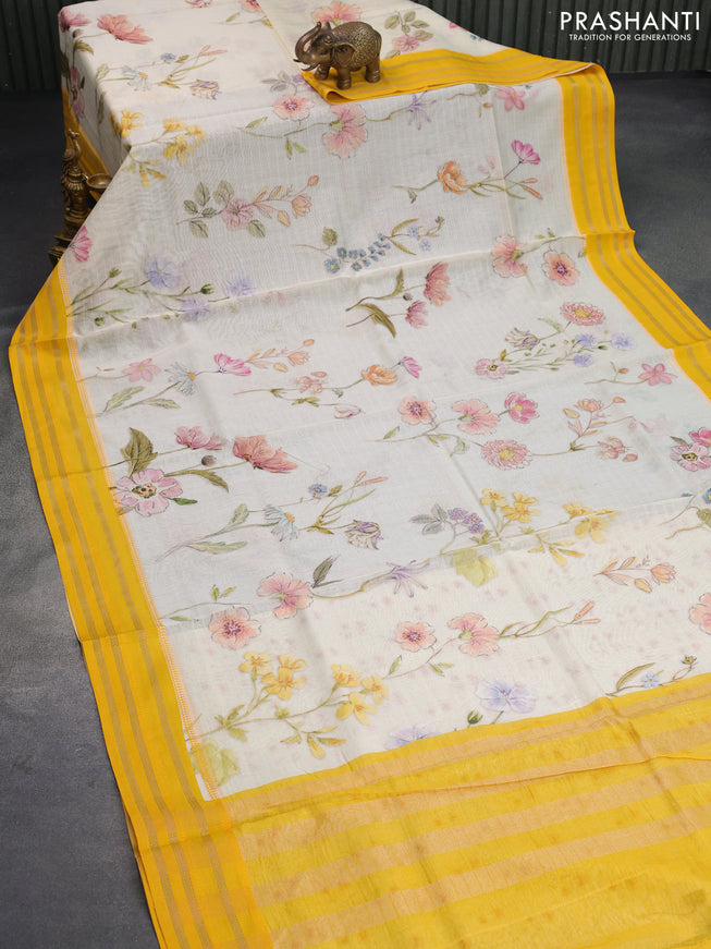 Maheshwari silk cotton saree cream and yellow with allover floral prints and thread & zari woven border