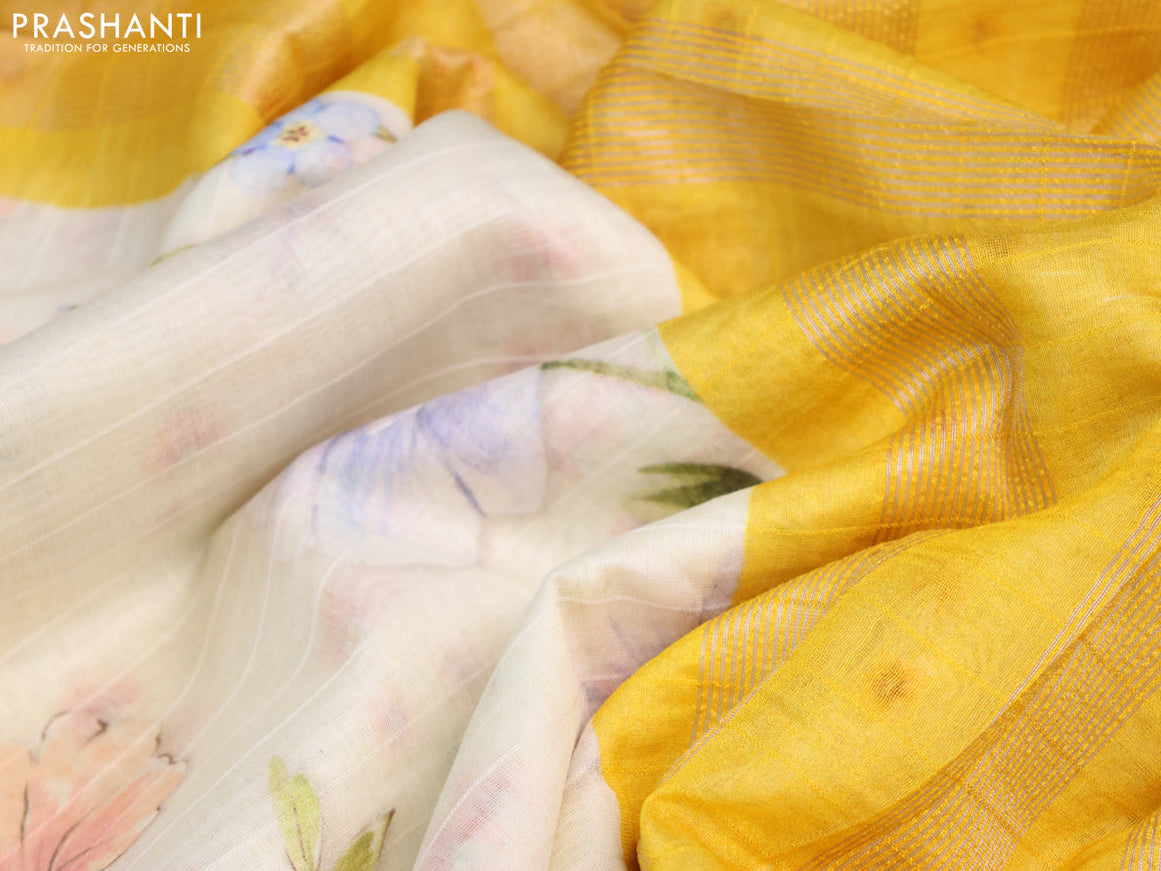 Maheshwari silk cotton saree cream and yellow with allover floral prints and thread & zari woven border