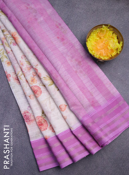 Maheshwari silk cotton saree cream and pink shade with allover floral prints and thread & zari woven border