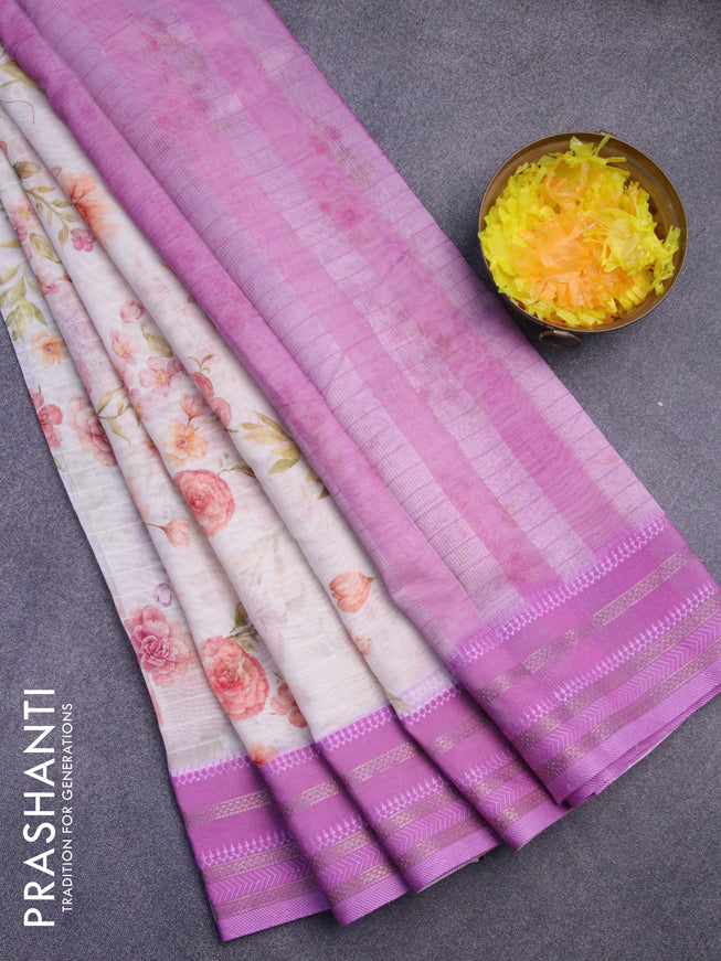 Maheshwari silk cotton saree cream and pink shade with allover floral prints and thread & zari woven border