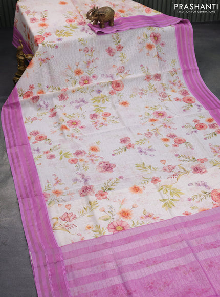 Maheshwari silk cotton saree cream and pink shade with allover floral prints and thread & zari woven border