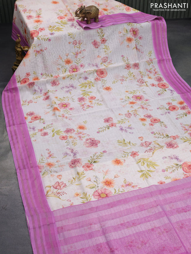 Maheshwari silk cotton saree cream and pink shade with allover floral prints and thread & zari woven border