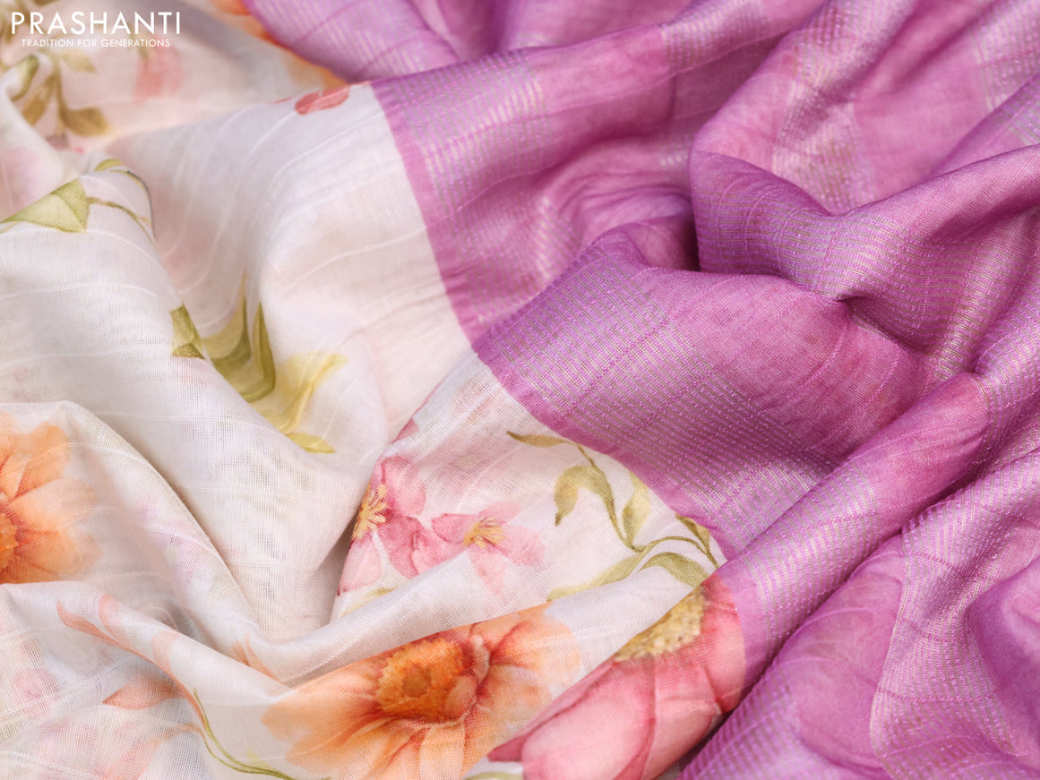 Maheshwari silk cotton saree cream and pink shade with allover floral prints and thread & zari woven border