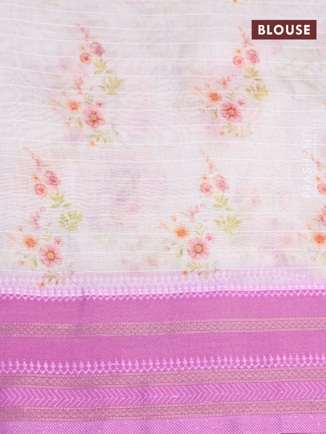 Maheshwari silk cotton saree cream and pink shade with allover floral prints and thread & zari woven border